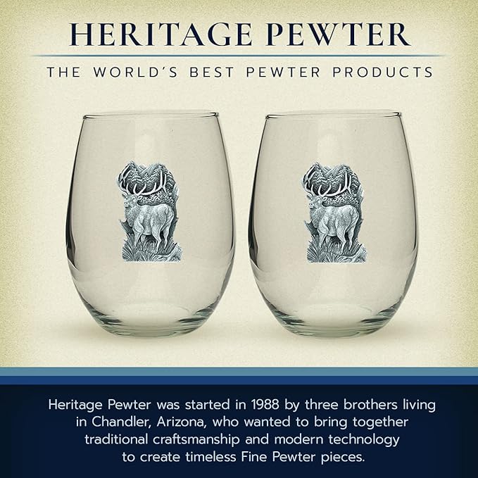 Heritage Pewter Elk Stemless Glass Goblets – Set of 2 | 15 OZ Goblet Wine Glasses | Expertly Crafted Pewter Glass