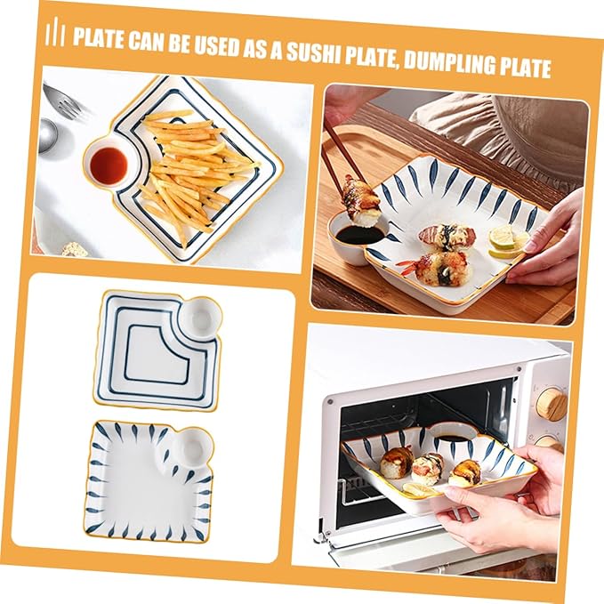 Zerodeko 2pcs Dumpling Serving Plate with Sauce Divider Japanese Style Food Platter for Noodles Sushi and Appetizers for Home and Restaurant Use