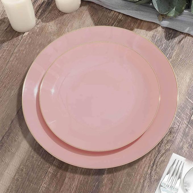 Efavormart 10 Pack | 8" Glossy Dusty Rose Round Plastic Dinner Plates With Gold Rim, Disposable Party Plates