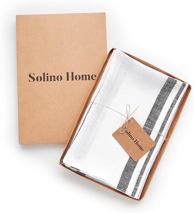 Solino Home Linen Dinner Napkins 20 x 20 Inch - 100% Pure Linen French Stripe Black and White Napkins Set of 4 for Winter, Holiday