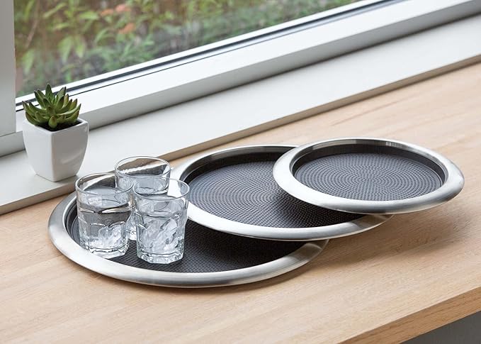 Service Ideas TR119RI Tray with Removable Insert, 9" Round, Stainless Steel, Brushed