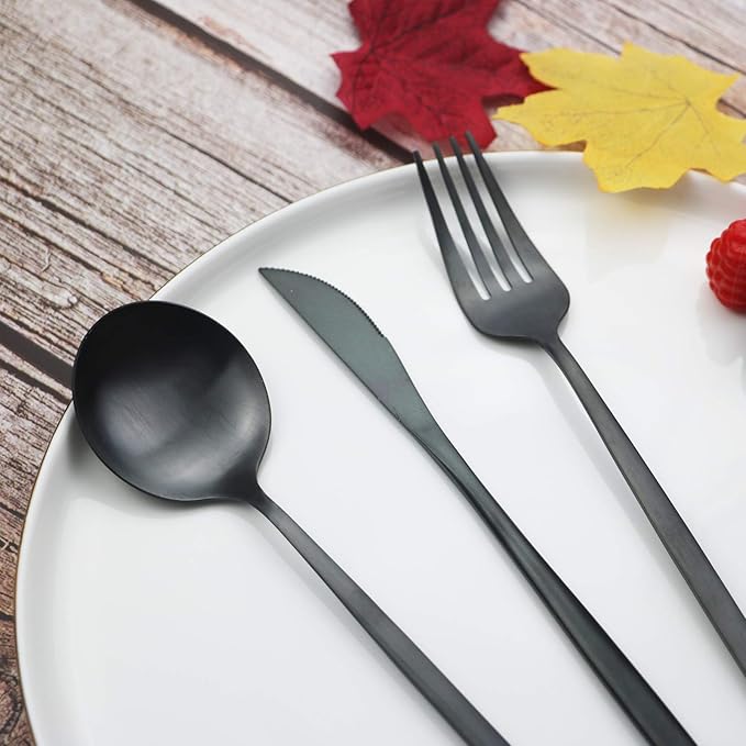 Black Silverware Set JASHII 40 Pieces Flatware Set 304 Stainless Steel Flat Cutlery Set for 8 Matte Kitchen Forks Knife Spoons Set, Satin Finish Tableware Set for Home and Restaurant, Dishwasher Safe