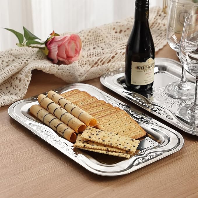 4-Pack Silver Serving Trays Set - ZENOVLUX Bow Floral Engraved Mirror Decorative Tray, 13.8" x 8.7" Party Platters for Christmas, Cookies, Charcuterie, Snacks, Desserts, Fruit, Party Food Display