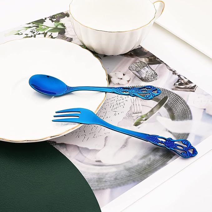 Elegant 32-Piece (4 Set) Retro Flatware Set, Stainless Steel Cutlery Set - Complete Eating Tableware Serving Set, Dishwasher Safe, Shiny Mirror Polish (Blue)