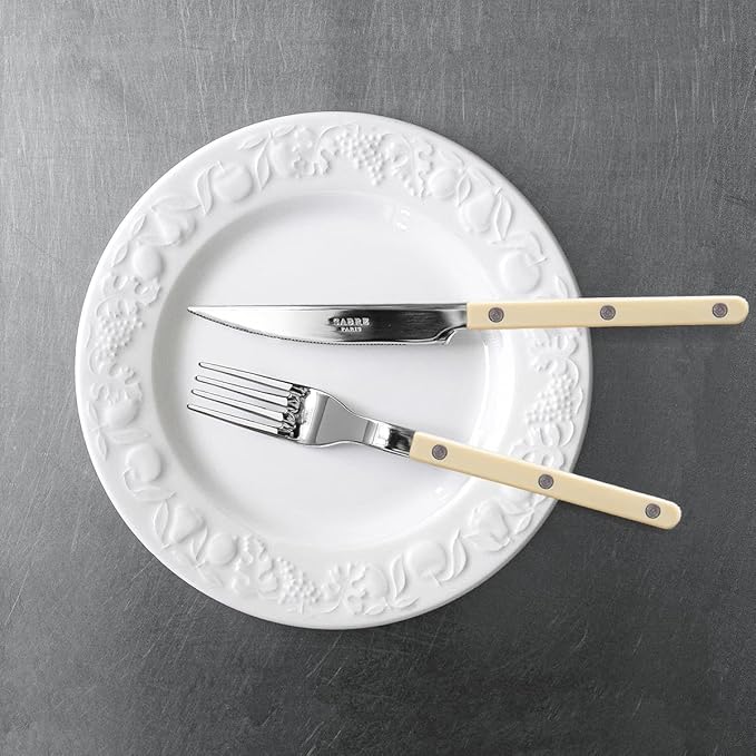 SABRE PARIS - 5-Piece Flatware Set - Bistrot Collection - Knife, Fork, Soup Spoon, Teaspoon & Dessert Fork - Stainless Steel & Nylon - Dishwasher Safe - Ivory - Brilliant Finish