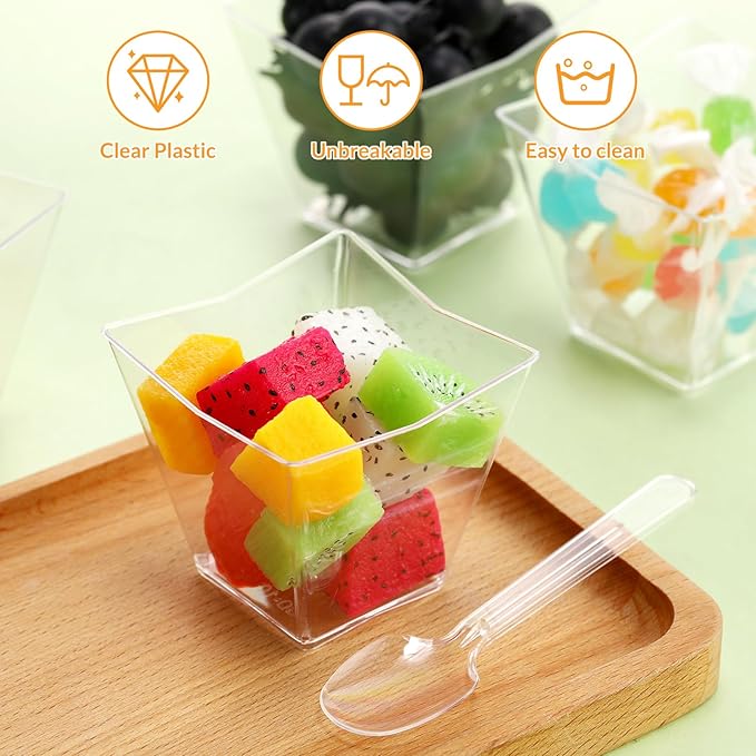 Suclain 200 Pack Dessert Cups with Spoons, 2.7 Oz Square Clear Plastic Disposable Appetizer Parfait Cups for Tasting Party Appetizers Fruit Parfait Trifle Mousse Pudding(Curved Edge)