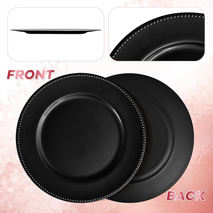 36 Pcs Black Charger Plates Round Charger Plates13 Inch Bulk Wedding Dinner Elegant Reusable Plastic Chargers Plates Wedding Holiday Party Baby Shower Event Decoration (Black)