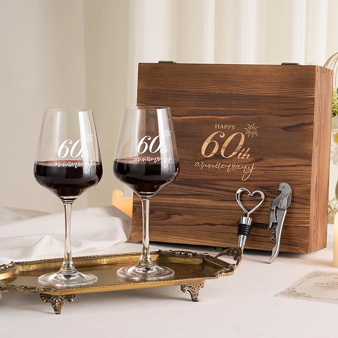 AW BRIDAL 60th Anniversary Wedding Gift for Couple 60 Years Anniversary Wine Glasses with Engraved Box Anniversary 60th Gifts for Parents