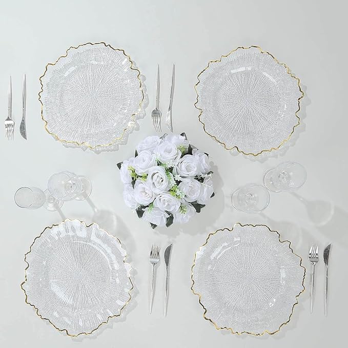 13" Charger Plates - Set of 24 - Acrylic Clear/Gold Round Reef Disposable Chargers, Ideal for Dinner Party Wedding Holiday Bulk Events