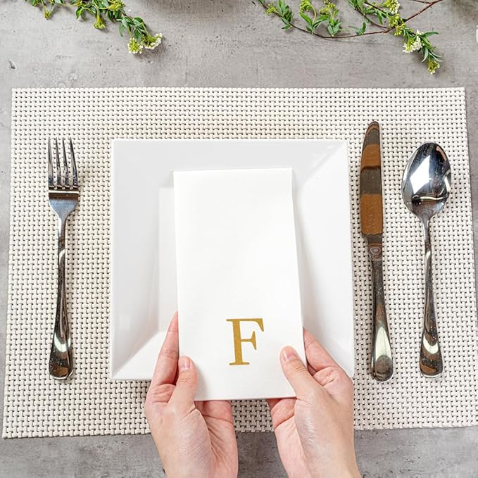 Luxenap 15.8 X 7.9 Inch Linen-Feel Guest Towels, 50 Lettered Hand Towels - Gold Letter 'F', Sans Serif Font, White Paper Dinner Napkins, airlaid, For Restrooms And Tables - Restaurantware
