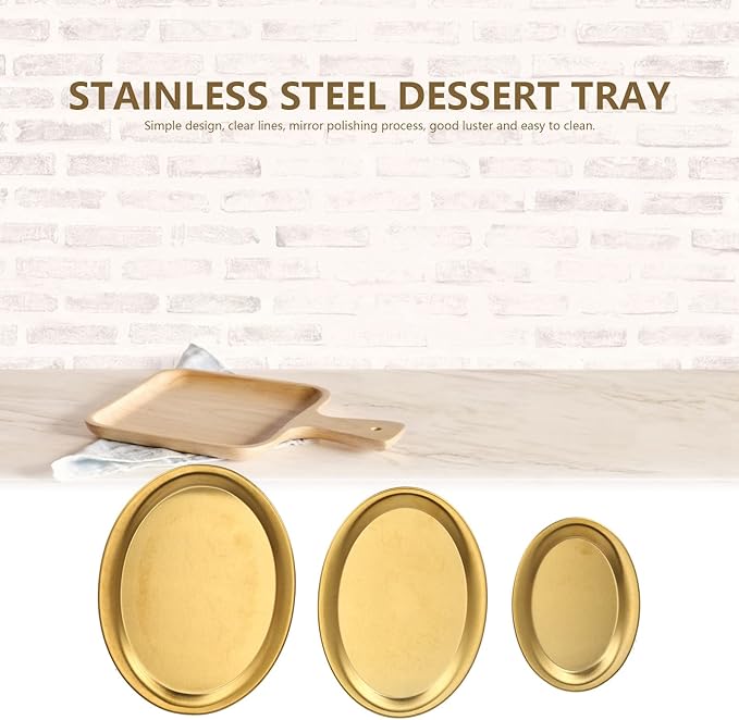 Dessert Tray, 3pcs Stainless Steel Dessert Tray Mirror Polishing Process Snack Jewelry Display Tray Serving Tray for Home Cafe (Gold)