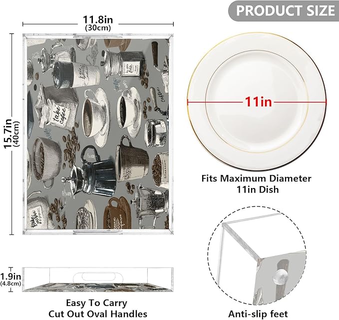 Serving Tray with Handles Clear Acrylic Tray 12x16 Inch Decorative Rectangular Tray Organizer for Ottoman Coffee Table Bathroom Grey Coffee Cups Beans Grinders