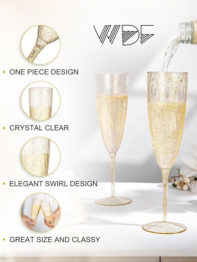 WDF 36-Pack Plastic Champagne Flutes - Gold Glitter Champagne Glasses Disposable - Perfect for Thanksgiving, Weddings, Birthday, Bridal Showers