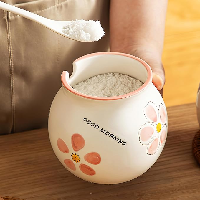 Ceramic Salt and Sugar Bowl, Porcelain Condiment Jars with Lid and Spoon, Seasoning Spice Pot Bowl, Salt Sugar Pepper Storage Jar, 600ml, Pink Flower