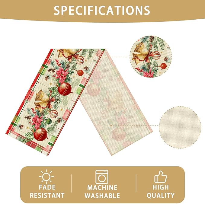 Christmas Bells Table Runner Seasonal Winter Kitchen Dining Linen Table Decoration for Indoor Outdoor Home Party Decor 13 x 72 Inch