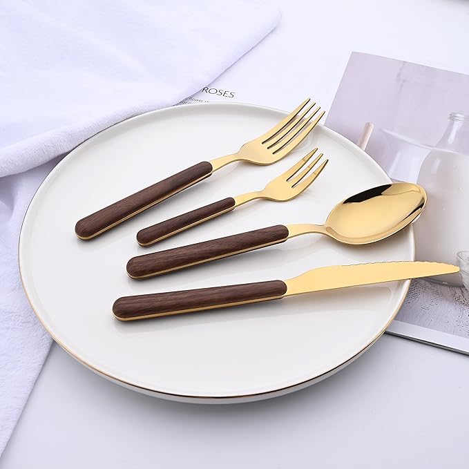 Brown Gold Silverware Set, 16 Pieces Stainless Steel Flatware Cutlery Set with Faux Wooden Handle, 4 x Dinner Knife, 4 x Dinner Fork, 4 x Tablespoon, 4 x Fruit Fork, Mirror Polished