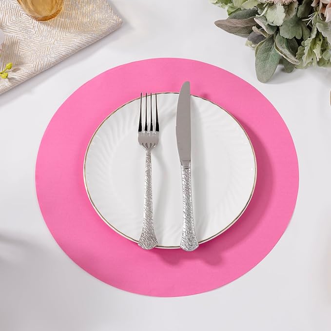 SHACOS 100 pcs Ultra Pink Valentine Round Paper Placemats Disposable 13 inch Colored Paper Place Mats for Wedding Birthday Party Bridal Baby Shower Table Decoration