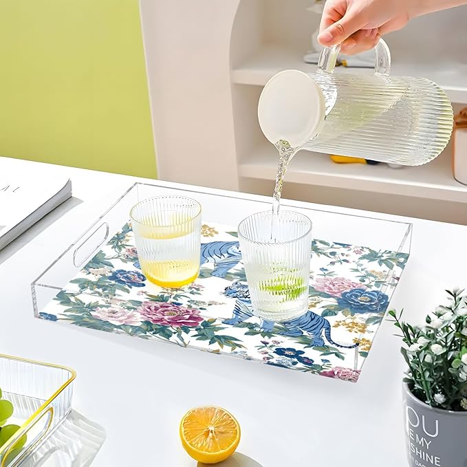 Serving Tray with Handles Clear Acrylic Tray 12x16 Inch Decorative Rectangular Tray Organizer for Ottoman Coffee Table Bathroom Floral Vintage Blue Tigers
