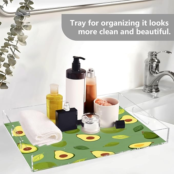 Serving Tray with Handles Clear Acrylic Tray 12x16 Inch Decorative Rectangular Tray Organizer for Ottoman Coffee Table Bathroom Green Avocado and Leaves