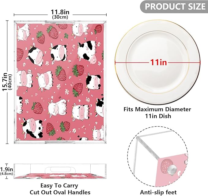 Serving Tray with Handles Clear Acrylic Tray 12x16 Inch Decorative Rectangular Tray Organizer for Ottoman Coffee Table Bathroom Cows Strawberry Flower