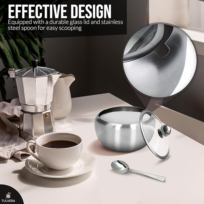 Sugar Bowl with Lid and Spoon | 12oz Sugar Container for Coffee Bar | Stainless Steel Holder Jar for Salt, Tea, Candy, Sugar Cube, Brown Sugar, Ghee | Kitchen Countertop Storage Accessories | 350ml