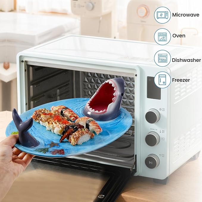 Shark Plates, Upgraded 3-in-1 Shark Sushi Plate, Shark Sushi Plate, Shark Plate with Sauce Compartment, Food Safe Material, Microwave/Oven/Refrigerator/Dishwasher Safe (ellipse)