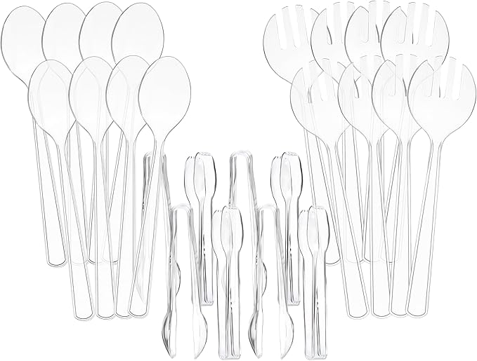 Set of 24 Heavy Duty Disposable Plastic Serving Utensils! 10” Spoons and Forks and 6-1/2” Tongs! Clear Serving Sets Perfect for Parties, Events, BBQ's and More! (24, Spoons-Forks-Tongs)