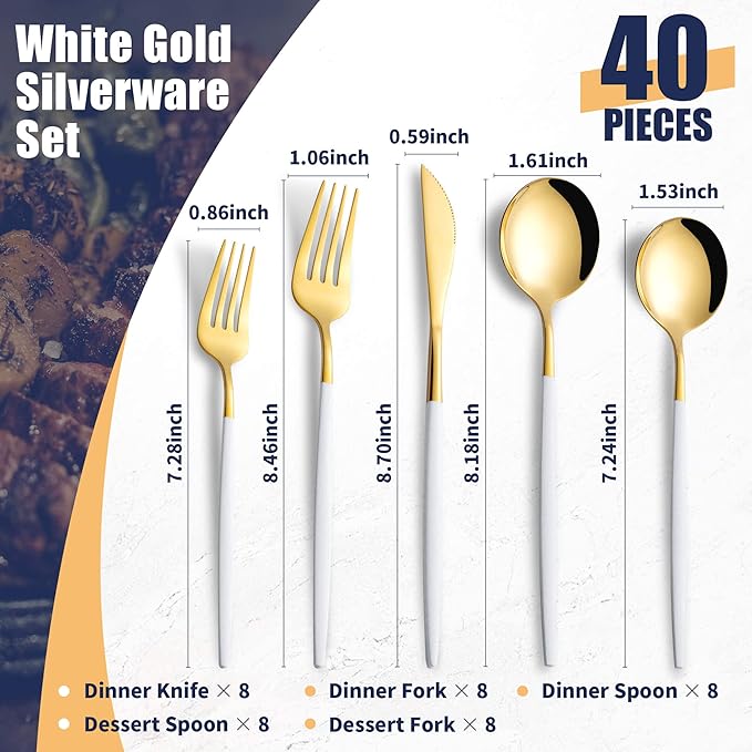 40 Piece White Gold Silverware Set,Stainless Steel Flatware Cutlery Set Service for 8 Including Forks Spoons Knives,Utensil Set,Tableware for Home and Restaurant, Dishwasher Safe