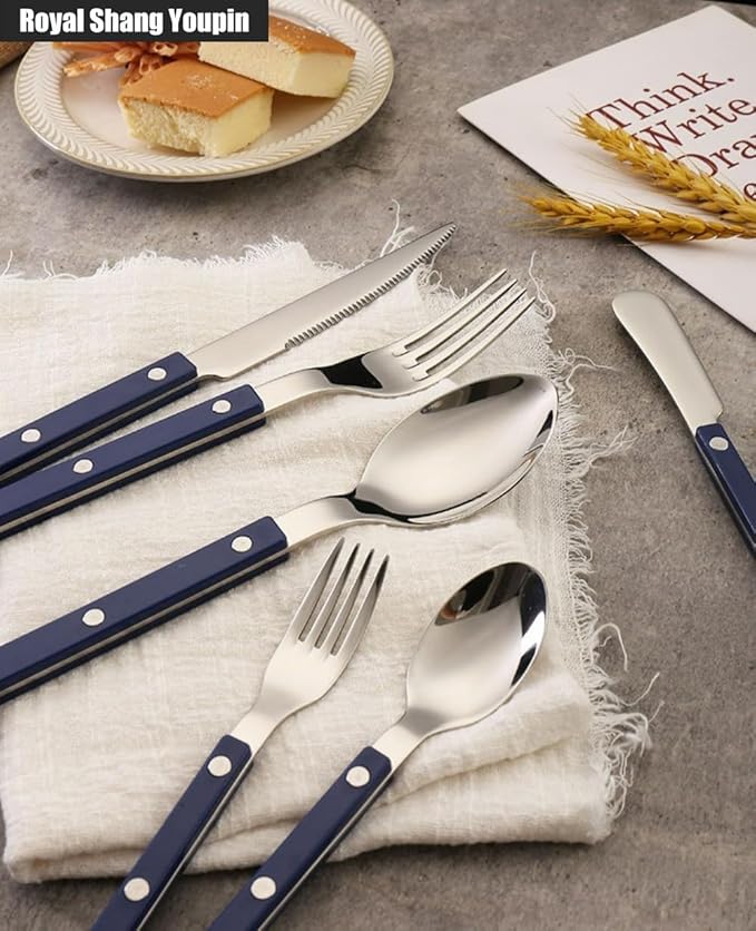 ABS Rivet Handle Marble Pattern Handle Kitchen Stainless Steel Silverware Tableware Flatware Cutlery Knives Forks Spoons Set,Butter Knife Dessert Spoon Fork (White,20 pieces)