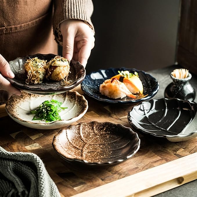Sauce Dish 1 Piece Leaf Textured Round Plate Restaurant Ceramic Snack Dessert Plate Appetizer Plate Sauce Bowl Snack Plate(2)