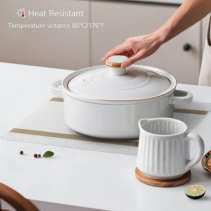 AHHFSMEI Placemats for Dining Table Set of 4 Woven Vinyl Plastic Place Mats Non-Slip Heat Insulation Stain Resistant Table Mats Washable Easy Clean Placemats (White Wave Stripe 4)