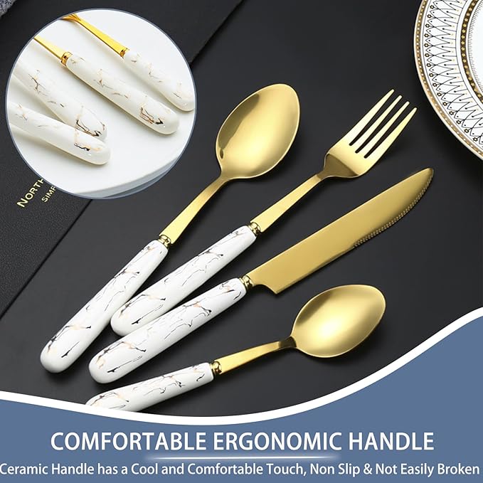 24 Pieces Flatware Set, Stainless Steel Cutlery Set with Silverware Holder, Modern Gold Silverware Set Includes Dinner Knives Forks Spoons,Hanging Silverware Set Service for 6 (White Gold)
