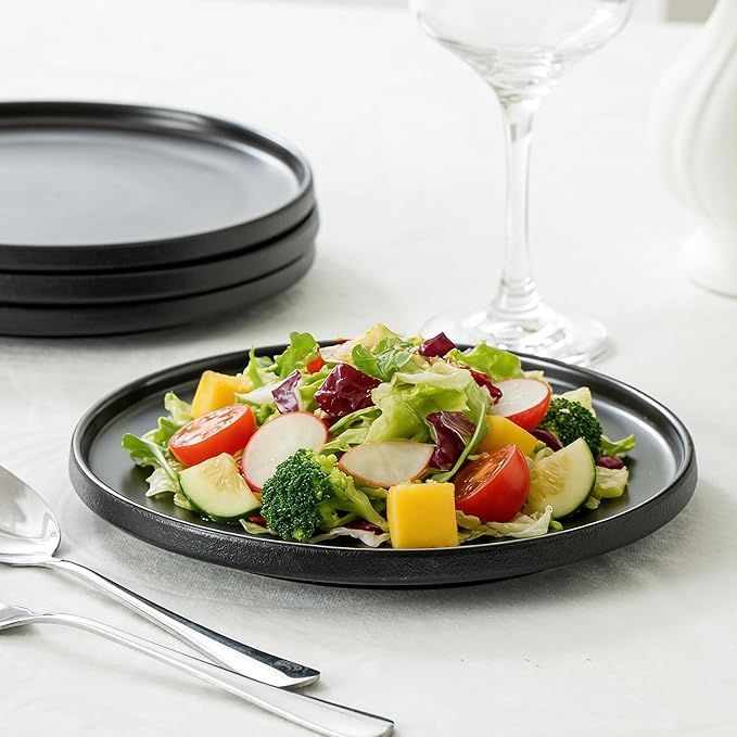 Salad & Dessert Plates, 8 Inch Small Dinner Plates Sets for 4, Dishwasher & Microwave Safe, Porcelain Dinner Dishes for Cake, Fruits, Waffle, Pasta, Salad, Modern Black