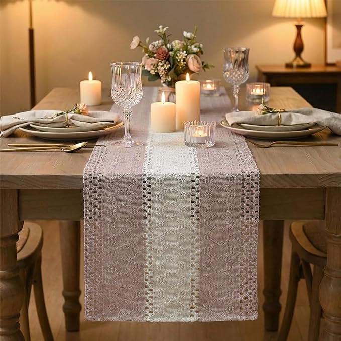 Artoid Mode Pink Farmhouse Rustic Table Runner, Seasonal Hollow Kitchen Dining Table Decoration for Home Party Decor 12x60 Inch