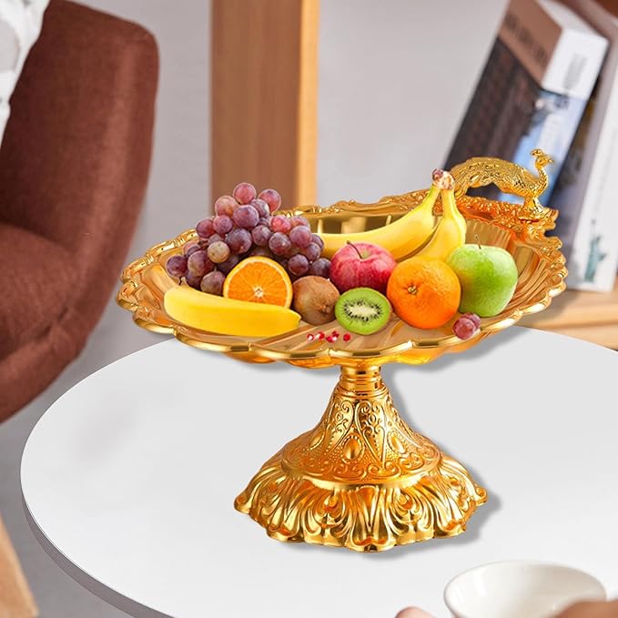 Fruit Plate Vegetable Holder with Base Decor Container Stand for Kitchen Counter Home Bread Snacks Serving Tray- Gold