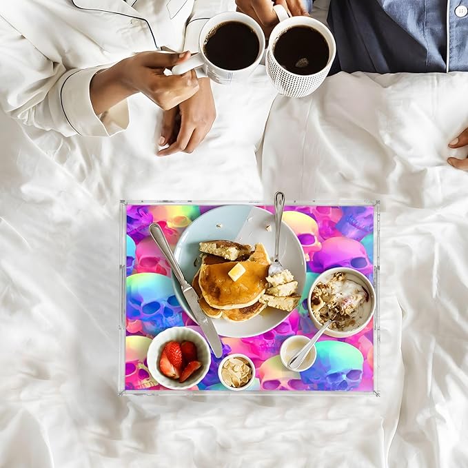 Serving Tray with Handles Clear Acrylic Tray 12x16 Inch Decorative Rectangular Tray Organizer for Ottoman Coffee Table Bathroom Gradient Multicolored Skulls