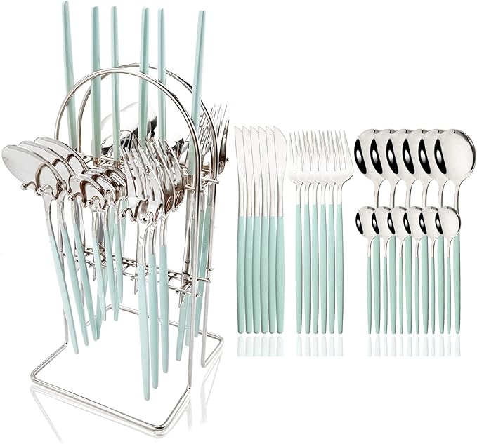 JASHII Mint Green and Silver Hanging Flatware Set Include Knife Fork Spoon Teaspoon and Stand, 24pcs Stainless Steel Utensils Set Service for 6,Modern Design & Mirror Polished, Great Gift