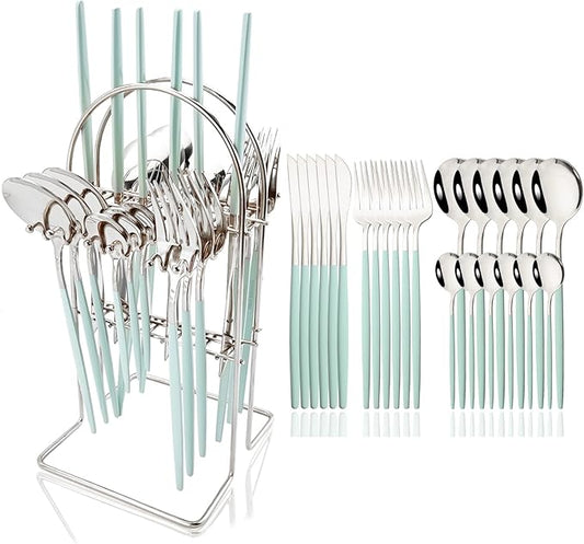 JASHII Mint Green and Silver Hanging Flatware Set Include Knife Fork Spoon Teaspoon and Stand, 24pcs Stainless Steel Utensils Set Service for 6,Modern Design & Mirror Polished, Great Gift