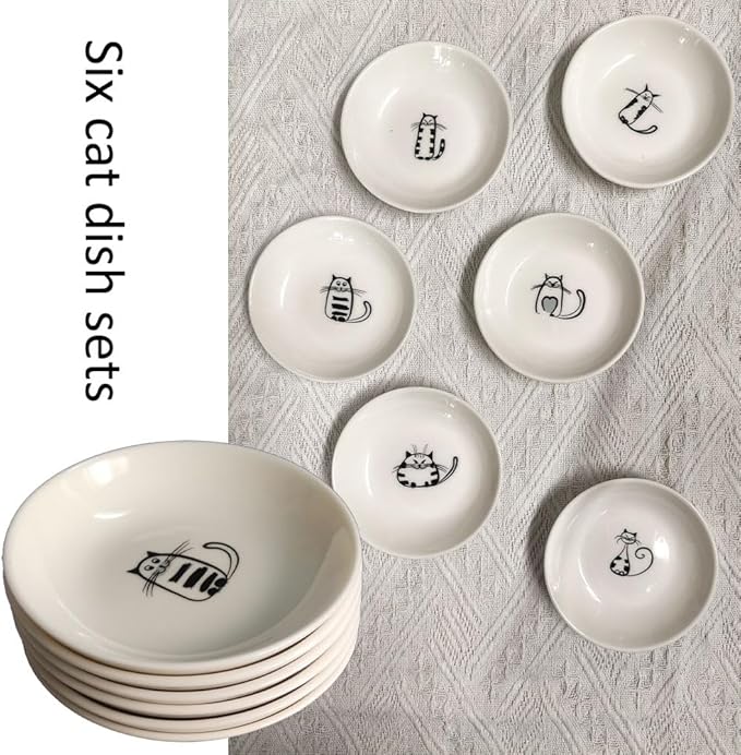 Cute Cat Ceramic Kitten Plates, 4 Inch Cat Bowls, Appetizer & Dessert Sauce Dishes, Small Seasoning & Serving Dish Set of 6