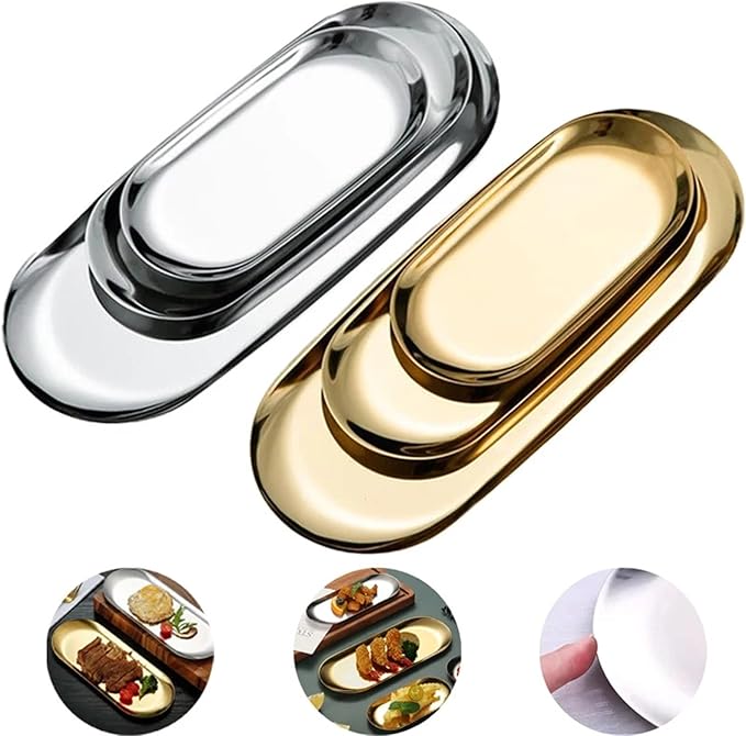 Serving Tray 4pcs Stainless Steel Cosmetic Storage Tray False Nails Dish Tools Storage Tray Serving Plate Docoration Serving Tray (Golds)