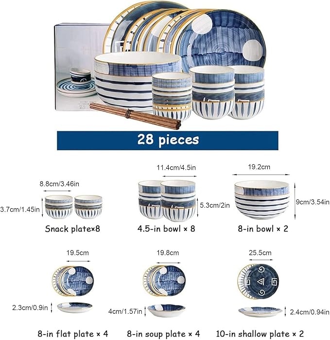 ☆Porcelain Dinnerware Set, 28 Pieces Japanese Style Ceramics Dinner Sets | Plate/Bowl - Tableware Combination Set for Restaurant,Blue,White(Blue)