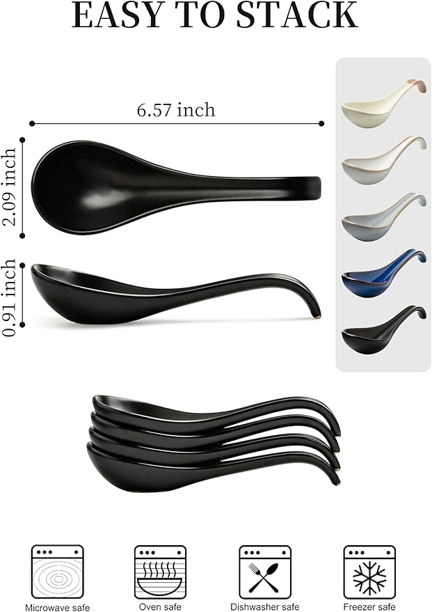 LYEOBOH Soup Spoons, Ceramic Soup Spoon Set of 6-6.5 inch Tablespoons, Dishwasher & Microwave Safe, Chinese Spoons with Deep Hook Design, Black