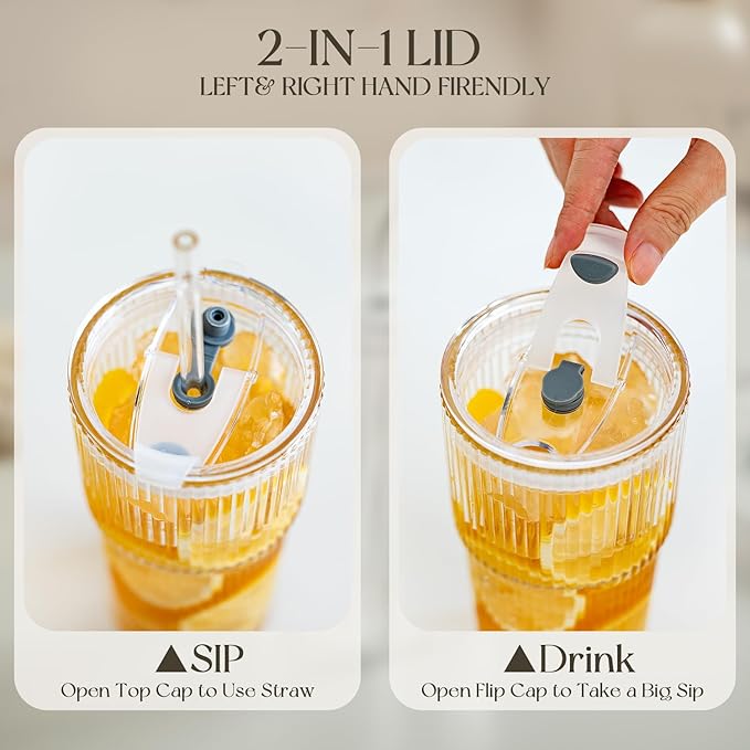 KEMORELA 2-Pack 20 oz Ribbed Glass Tumblers with Lids and Glass Straws – Vintage Iced Coffee Cups, Reusable Smoothie & Cocktail Drinking Glasses, Clear Glassware for Home or Cafe