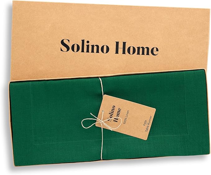 Solino Home Linen Table Runner 36 Inches - 100% Pure Linen Christmas Green Table Runner 14 x 36 Inch Ideal for Dresser and Coffee Tables - Fete