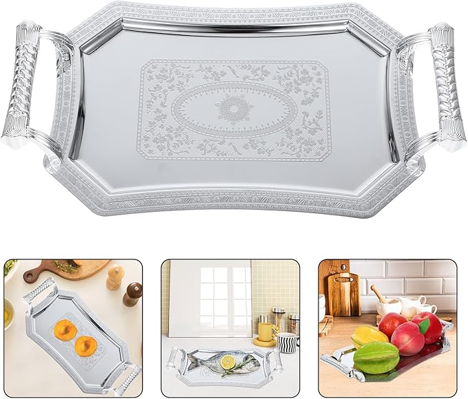 Silver Stainless Steel Serving Tray Handles, Elegant Antique Color, for Home, Cafe, Restaurant, Easy to Clean