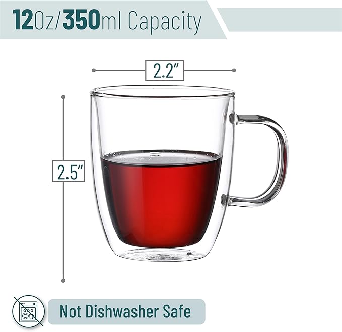 BTaT- Double Walled Glass Coffee Cups, 6 Pack, 12 oz, Espresso Cappuccino Latte Tea Cups with Handle, Microwave Safe Clear Glasses for Hot and Cold Drinks