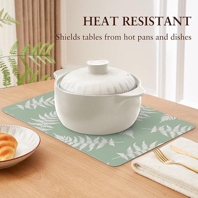 QIYI Placemats Set of 4, 12x18 Inch PU Leather Place Mats for Kitchen Dinning, Heat Resistant Anti Slip Green White Table Mats, Waterproof Wipeable Washable Placemat Party Table Décor, Fern Leaves