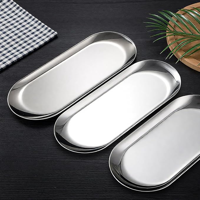 9x3.8Inch Silver Stainless Steel Decorative Tray, Oval Stainless Steel Small Serving Trays for Tea Fruit, Jewelry Plate, Decorative Storage Tray