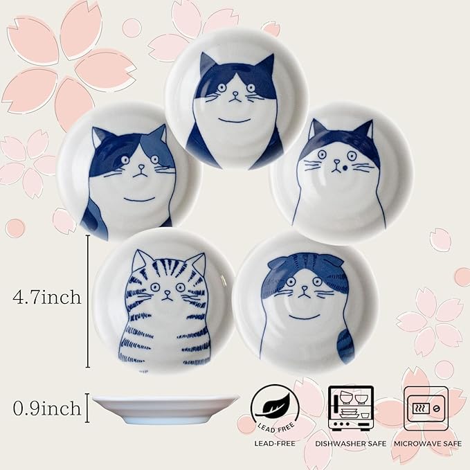 Dessert Sushi Soy Sauce Salad Ceramic Plates Cats Design Set of 5 Made in Japan 5 Cats 4.7in