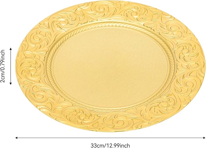 100Pcs Round Charger Plates, 13 Inch Reusable Serving Plates with Embossed Rim, Elegant Decorative Flower Relief Carving Chargers, Charger Plates Bulk for Wedding Party Event Decoration (Gold)